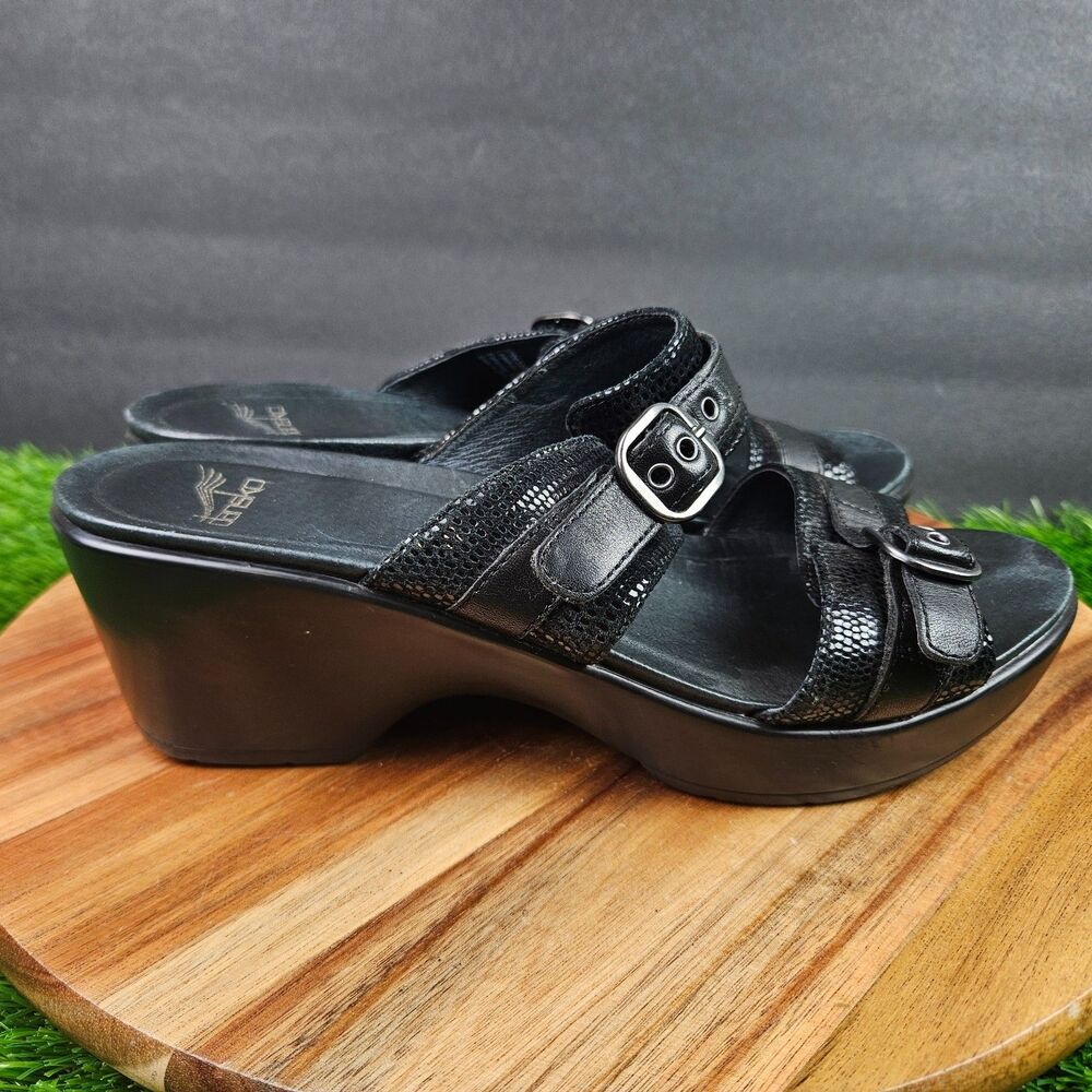 Dansko Sandals Womens 39 Jessie 2-Strap Slip On Buckle Wedge Slide Black Leather